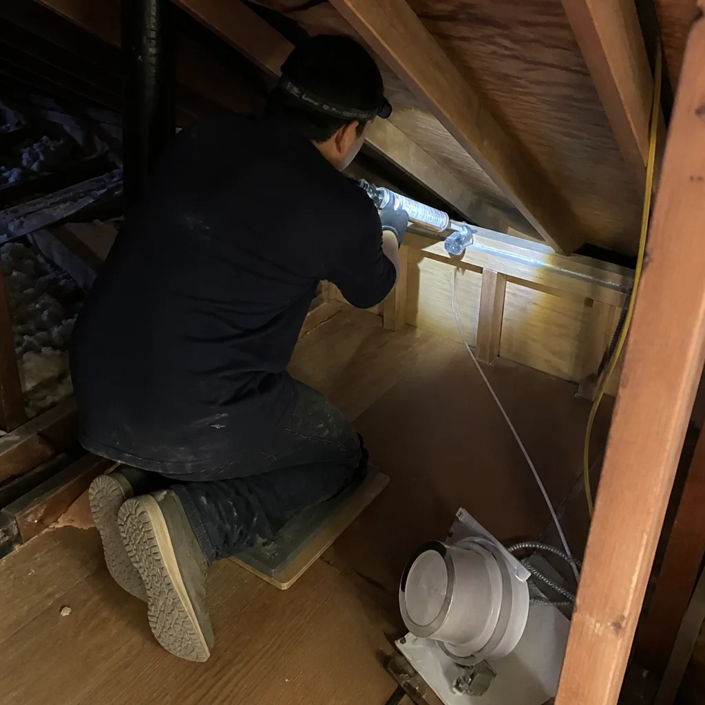 Contractor performing professional attic air sealing around a recessed light fixture in Santa Monica, CA