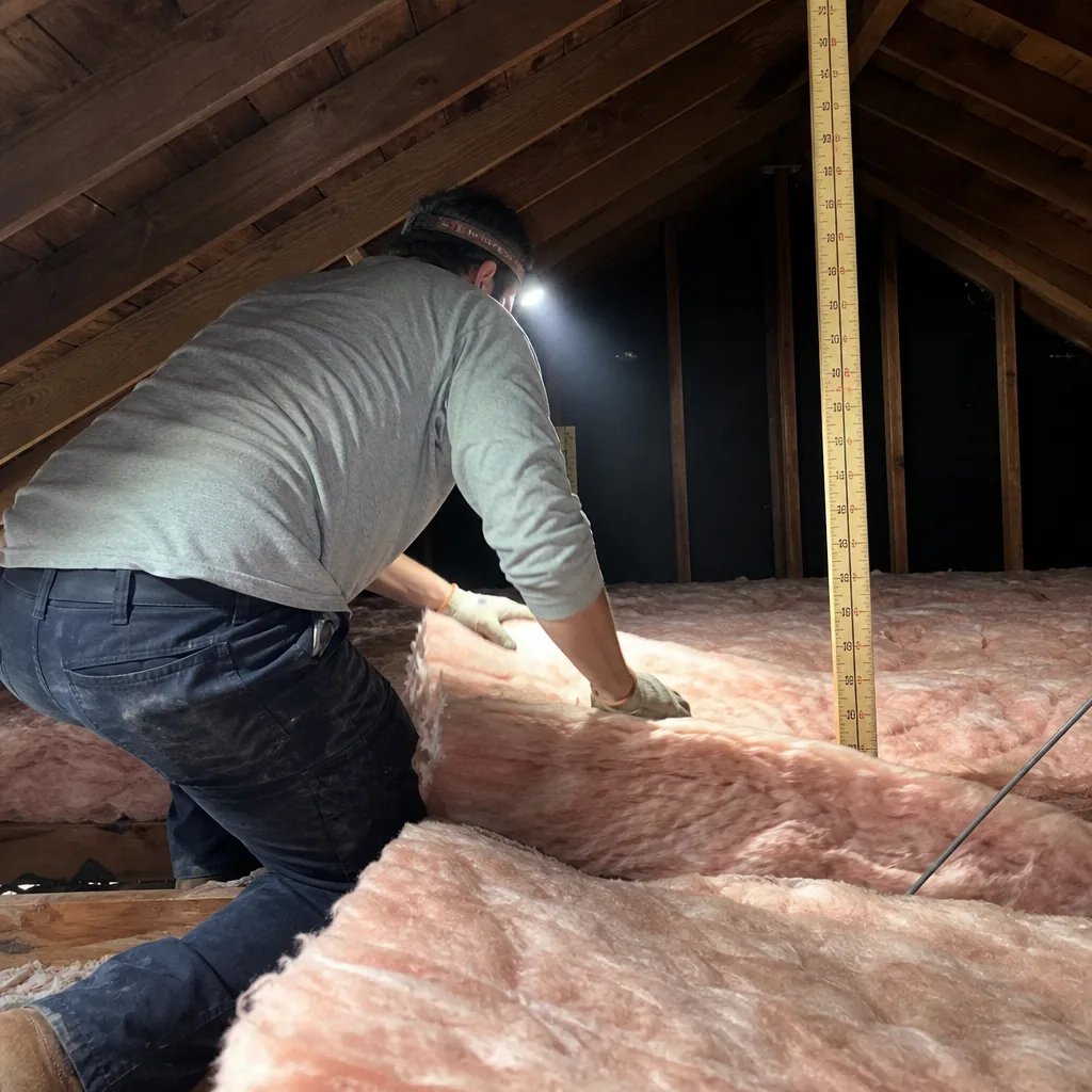 professional installing attic insulation with fiberglass batts and depth gauge in Santa Monica, CA