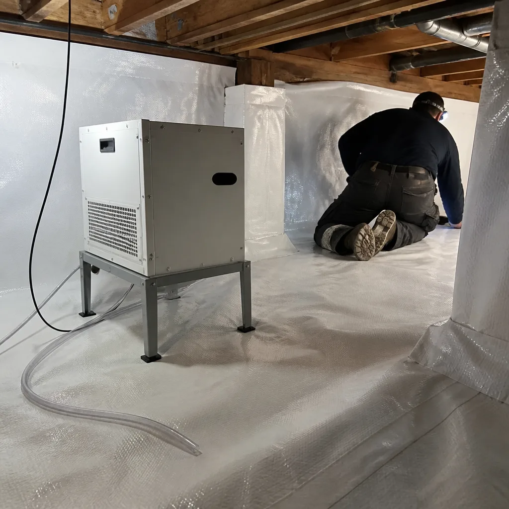 Contractor installing crawl space vapor barrier for moisture control and insulation in Santa Monica, CA