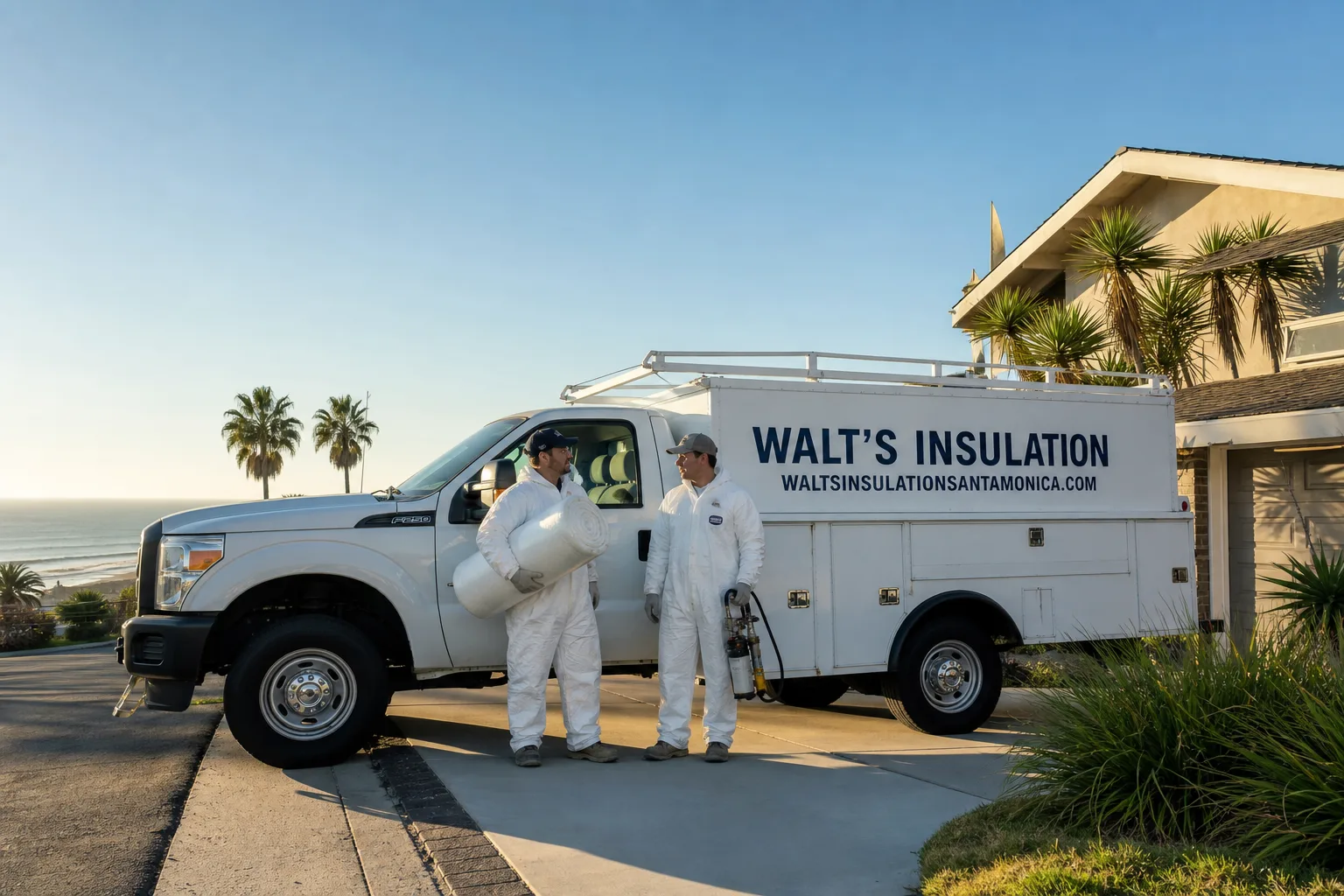Walt's Insulation insulation service vehicle and crew in Santa Monica, CA