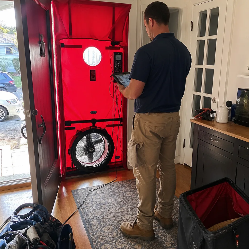 Technician performing professional blower door test for home energy efficiency audit in Santa Monica, CA