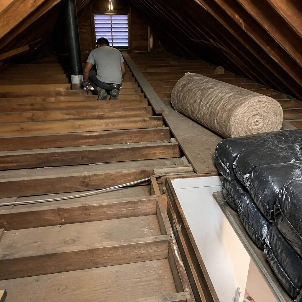 Technician performing professional attic insulation removal and replacement service in Santa Monica, CA