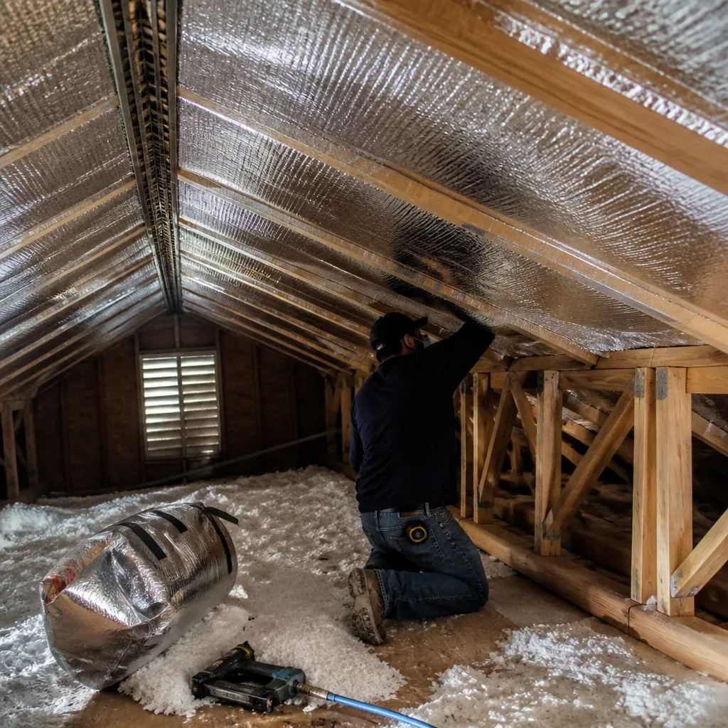 Professional installing radiant barrier foil insulation in a wooden attic rafters in Santa Monica, CA
