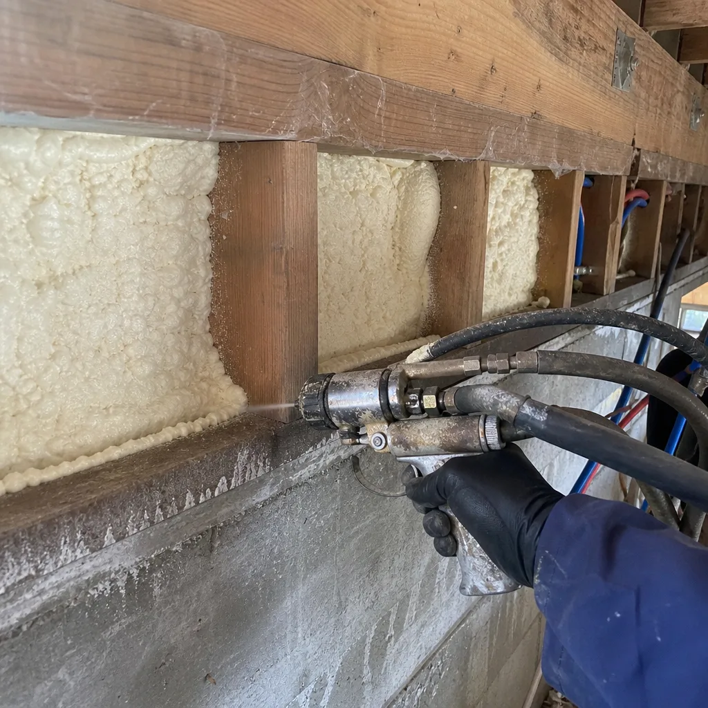 Professional applying spray foam insulation between wooden wall studs